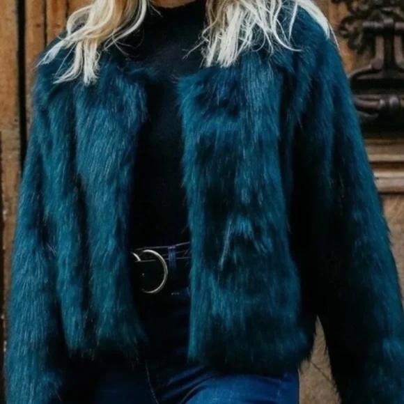 Free People faux fur coat in teal blue Small - Picture 1 of 9
